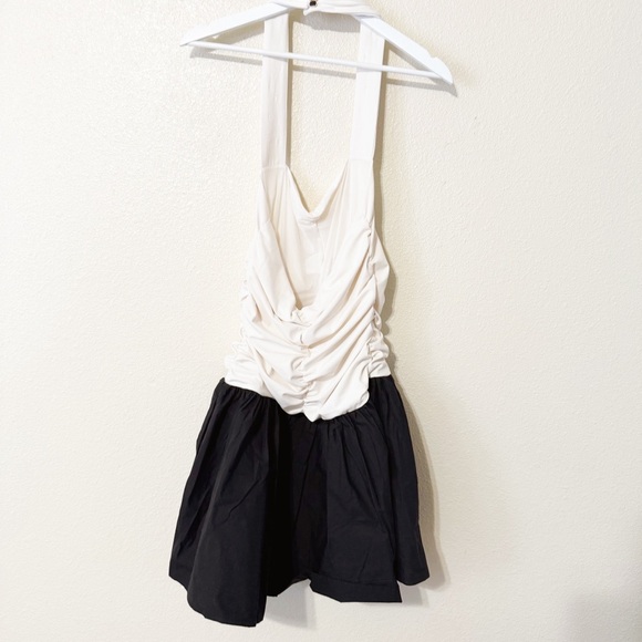 NWT Anthropologie Maeve Halter Twofer Black White Mini Dress Ruched Medium - Picture 6 of 11